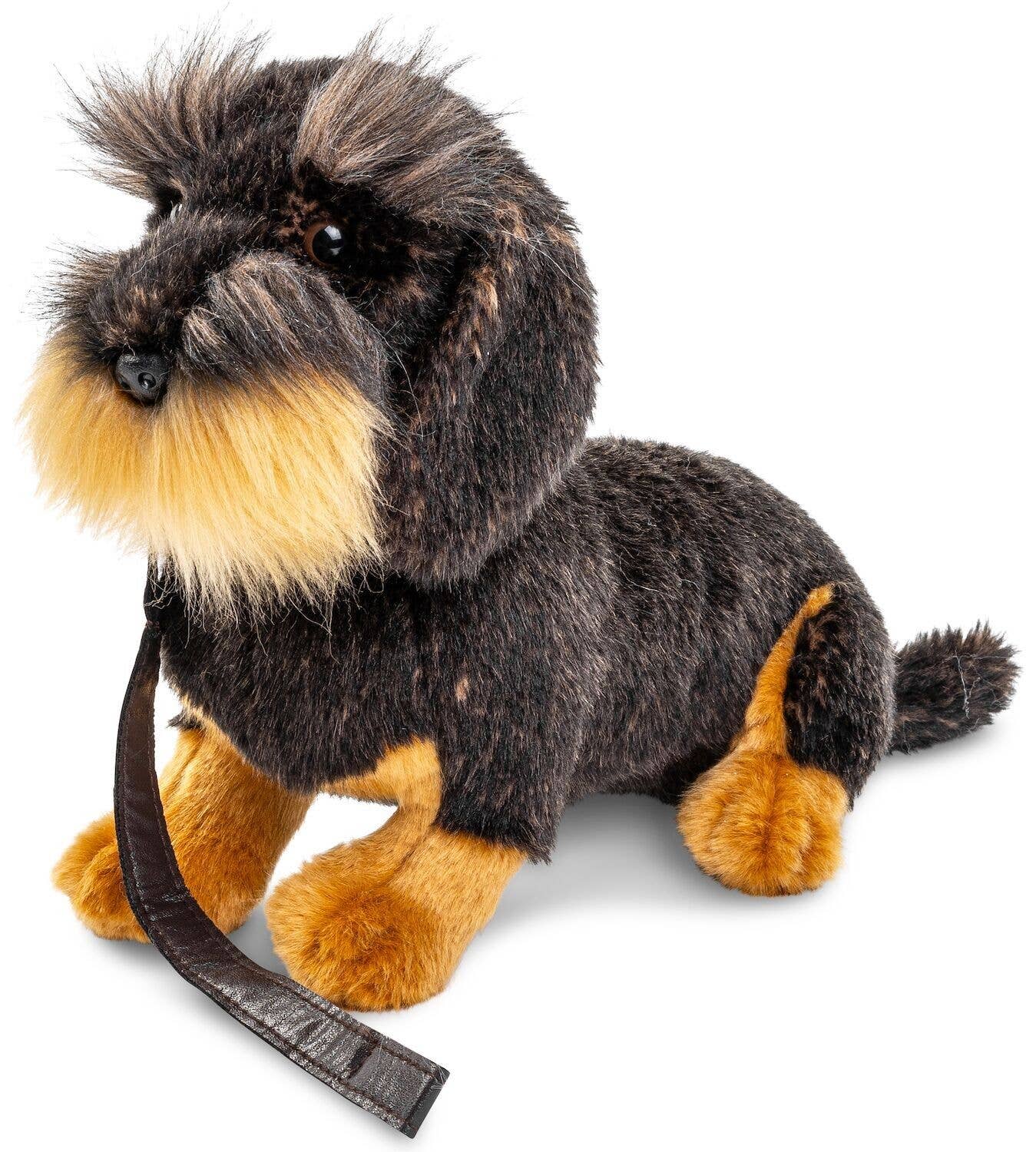 Wire-haired dachshund plush toy with collar and lead