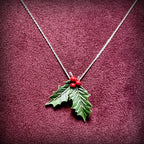Holly with Berries Christmas Necklace, Silver Plated
