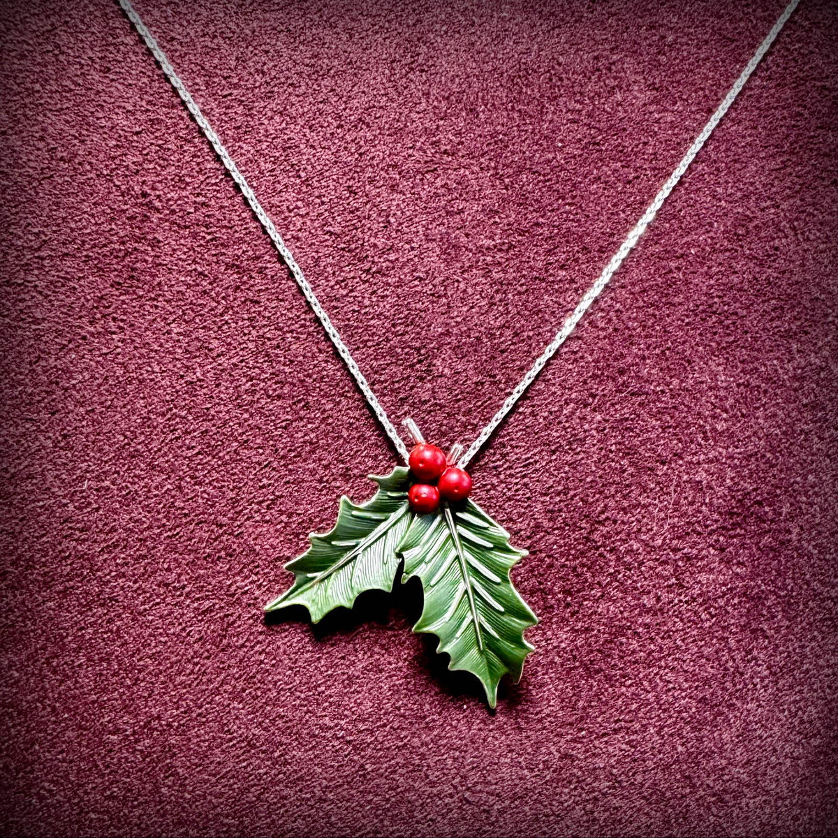 Holly with Berries Christmas Necklace, Silver Plated