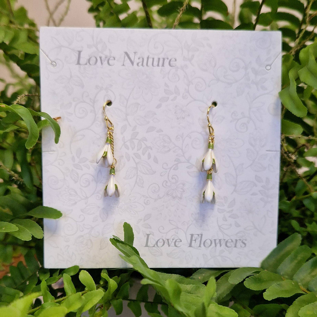 Snowdrop White Flower Gold Plated Drop Hook Earrings