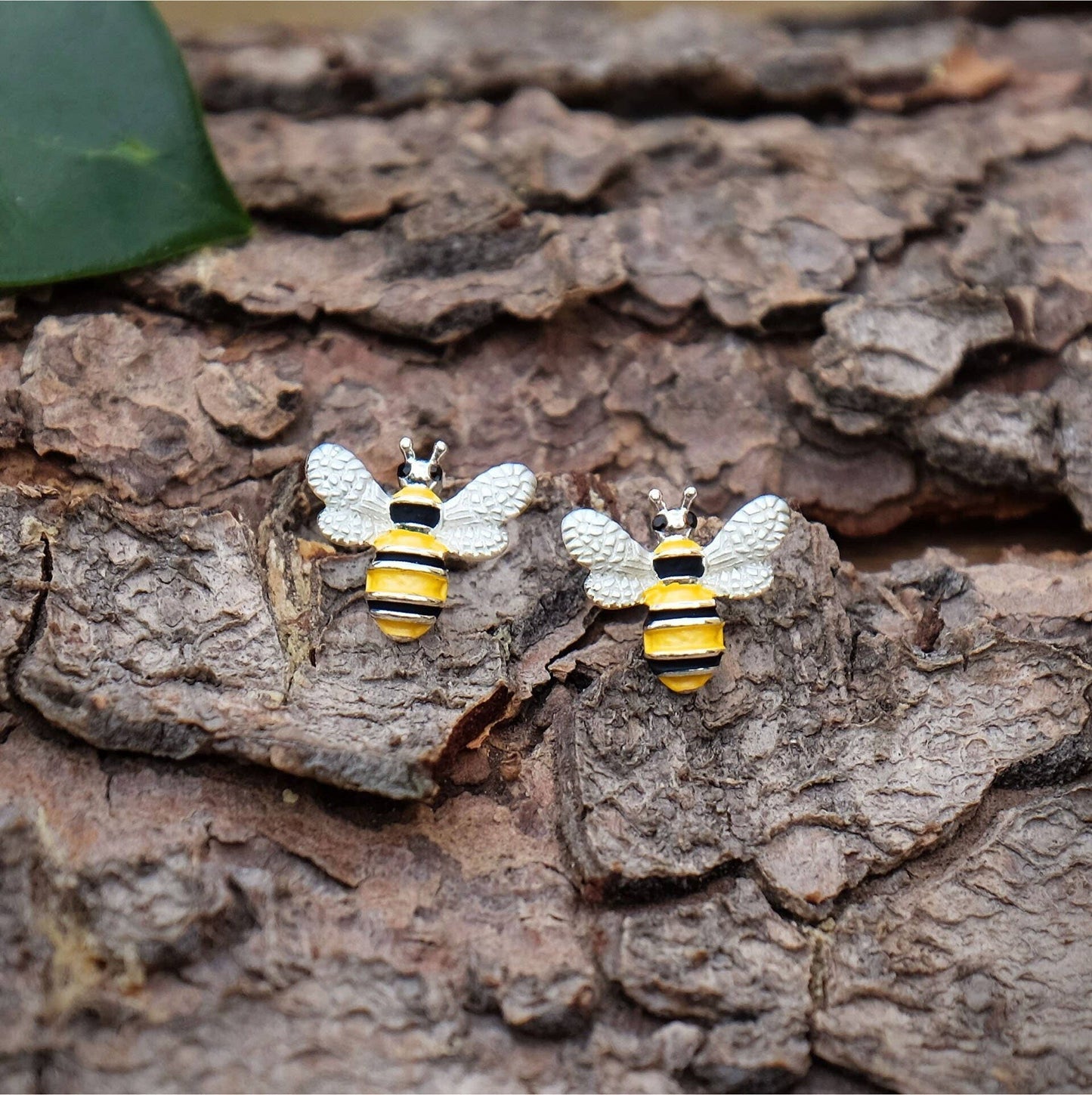Hand-enamelled silver-plated bee stud earrings