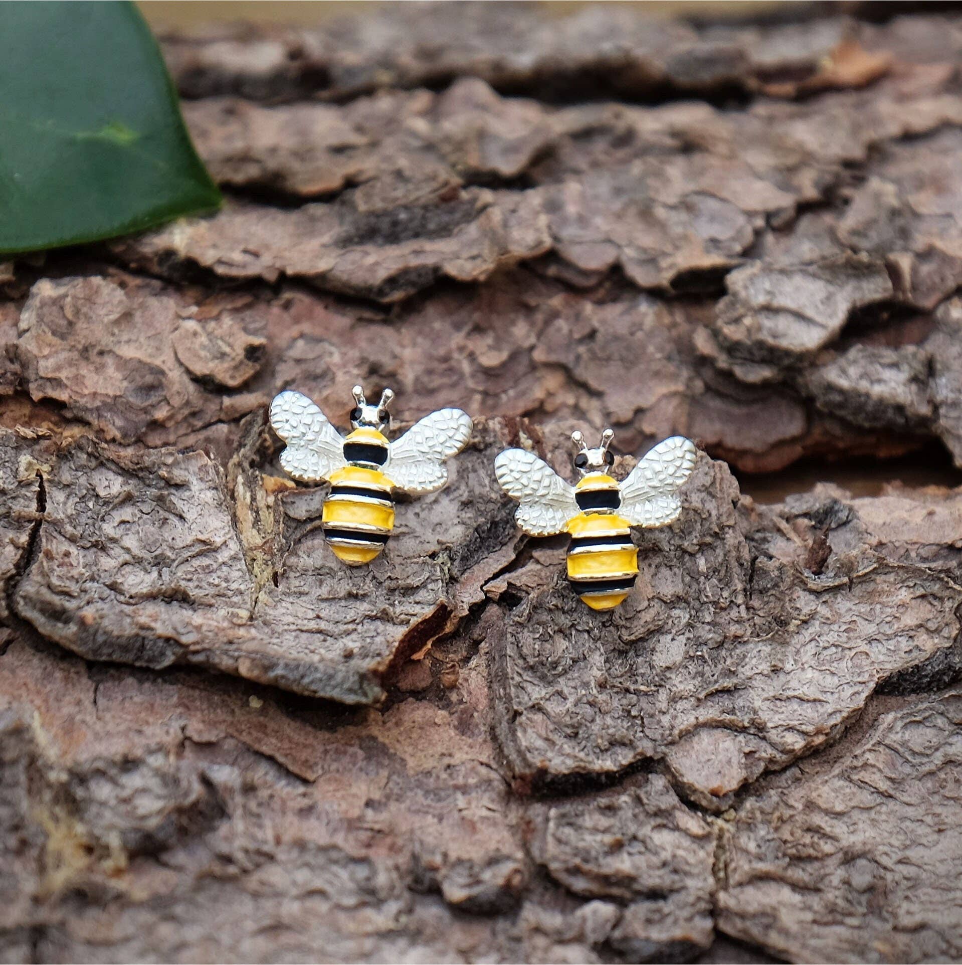 Hand-enamelled silver-plated bee stud earrings