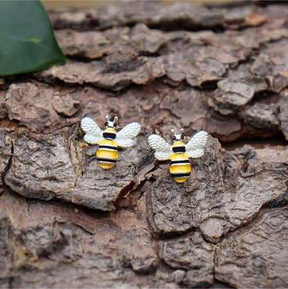Hand-enamelled silver-plated bee stud earrings