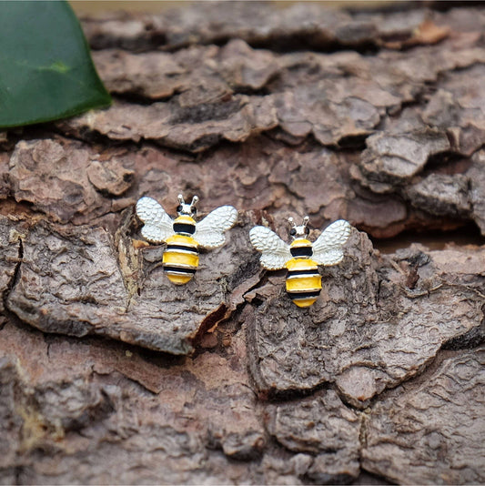 Hand-enamelled silver-plated bee stud earrings
