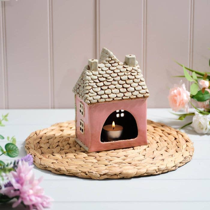 Cottage Garden Stoneware House Pink With Rose Garland And Cut Out Heart All Embossed Details Candle Holder