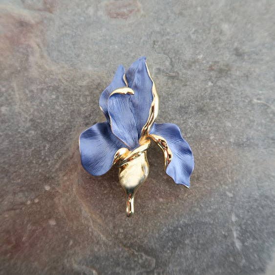 Iris Violet Blue Flower Brooch, Gold Plated