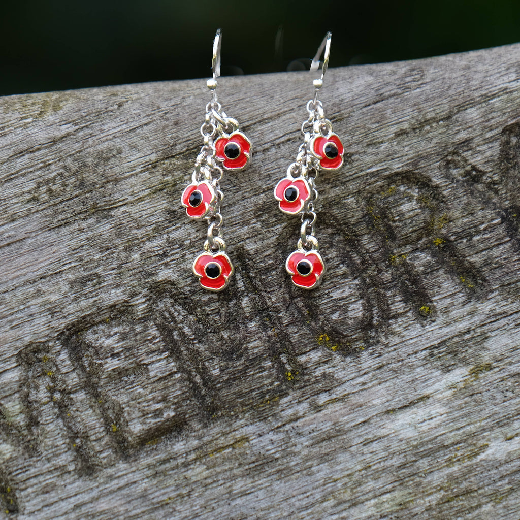 Poppy Red Flowers Drop Hook Earrings, Silver Plated