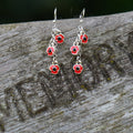 Poppy Red Flowers Drop Hook Earrings, Silver Plated