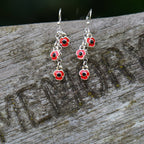 Poppy Red Flowers Drop Hook Earrings, Silver Plated