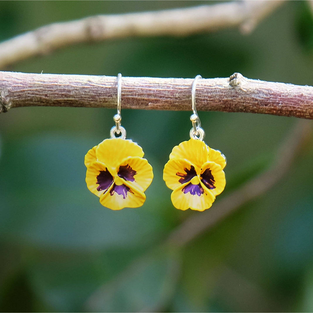 Pansy Yellow Flower Drop Earrings, Silver Plated