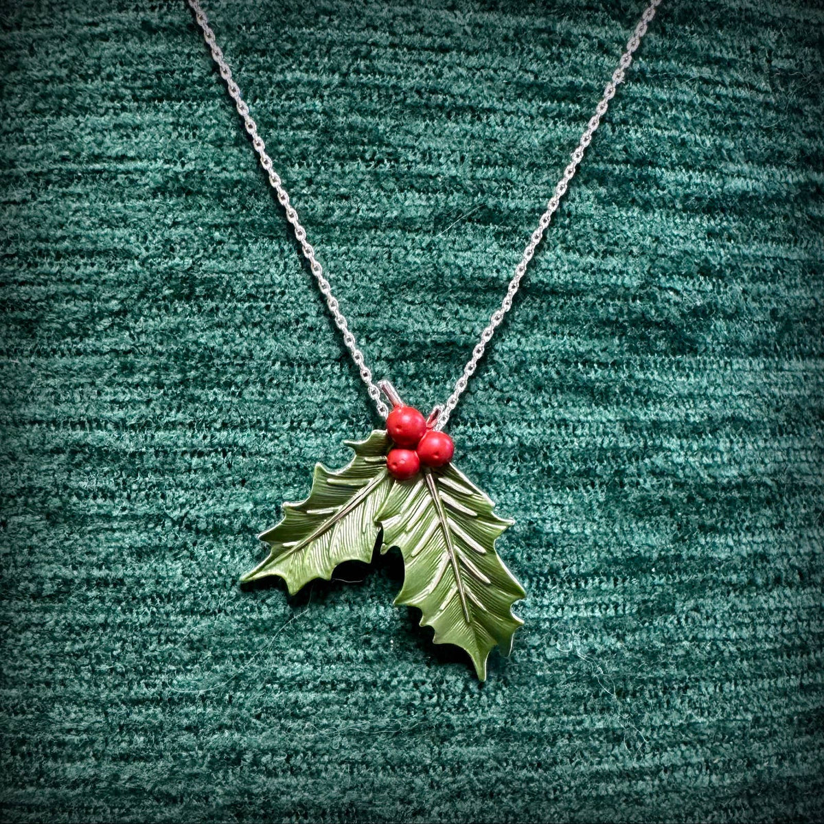 Holly with Berries Christmas Necklace, Silver Plated