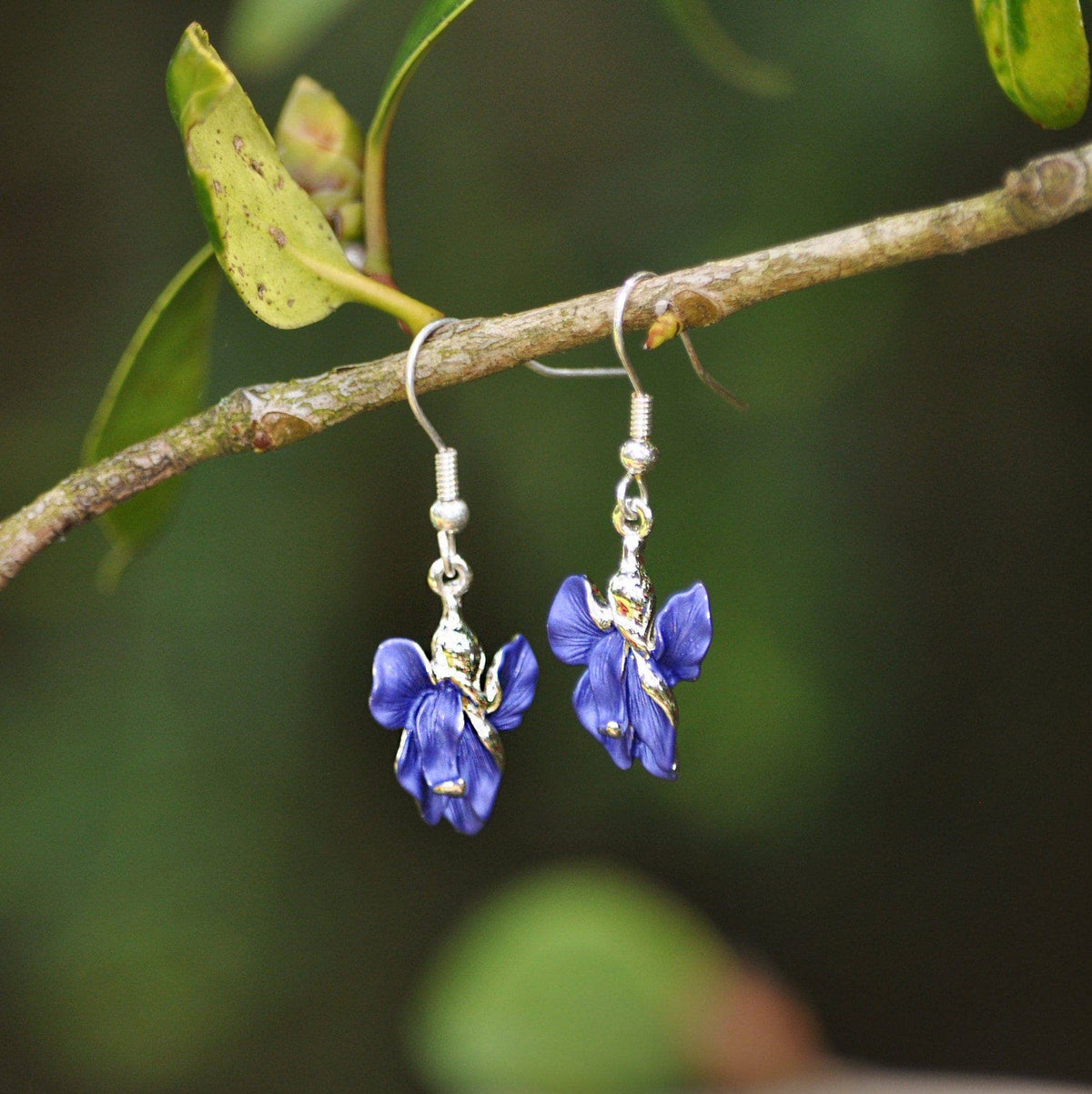 Iris Violet Blue Flower Drop Hook Earrings, Silver Plated