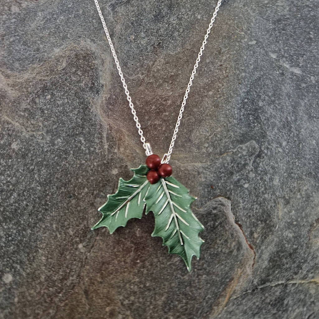 Holly with Berries Christmas Necklace, Silver Plated