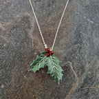 Holly with Berries Christmas Necklace, Silver Plated