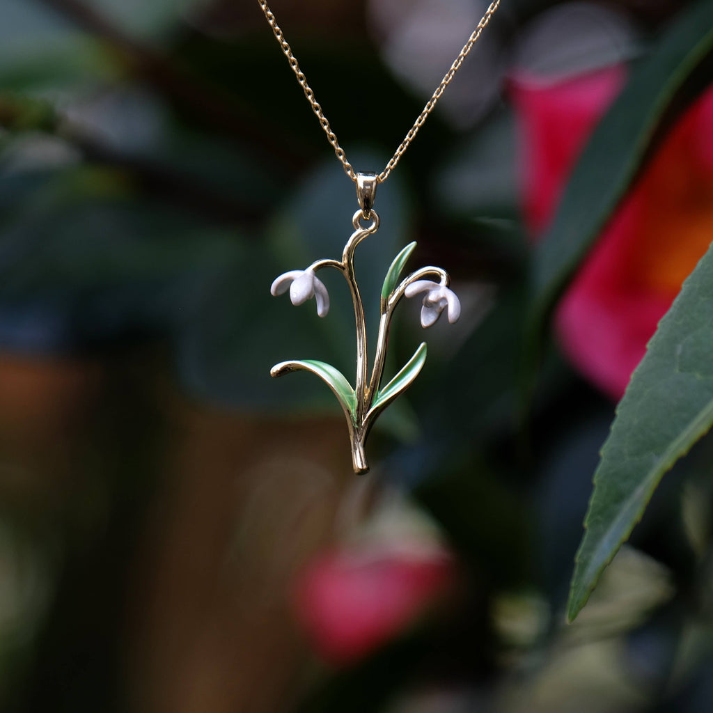 Snowdrop White Open Flower Pendant Necklace, Gold Plated