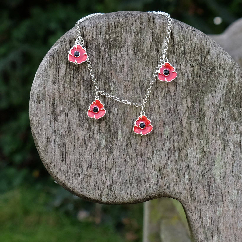 Poppy Red Flower Charm Bracelet, Silver Plated
