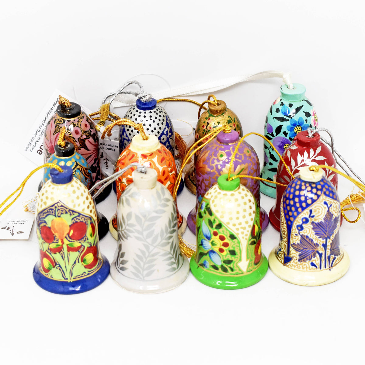 Hand painted wooden Christmas bell ornament assorted 12 pack