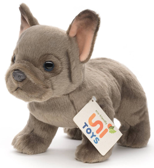 Grey French Bulldog plush toy with soft fur