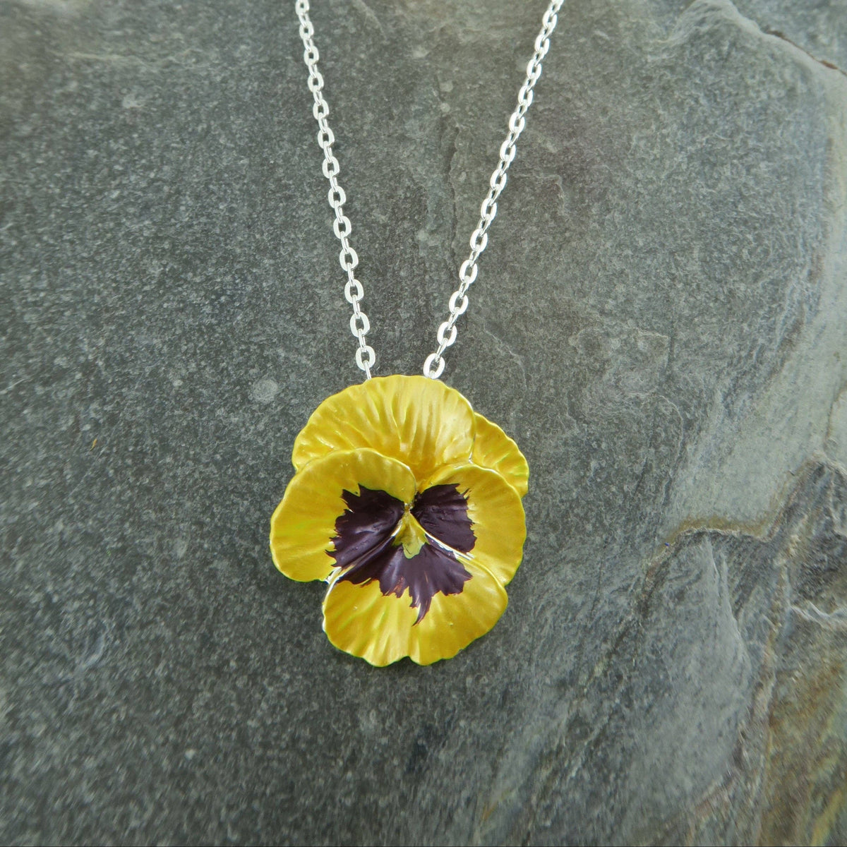 Pansy Yellow Flower Pendant Necklace, Silver Plated