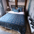 Teal and grey Welsh tapestry design jacquard throw
