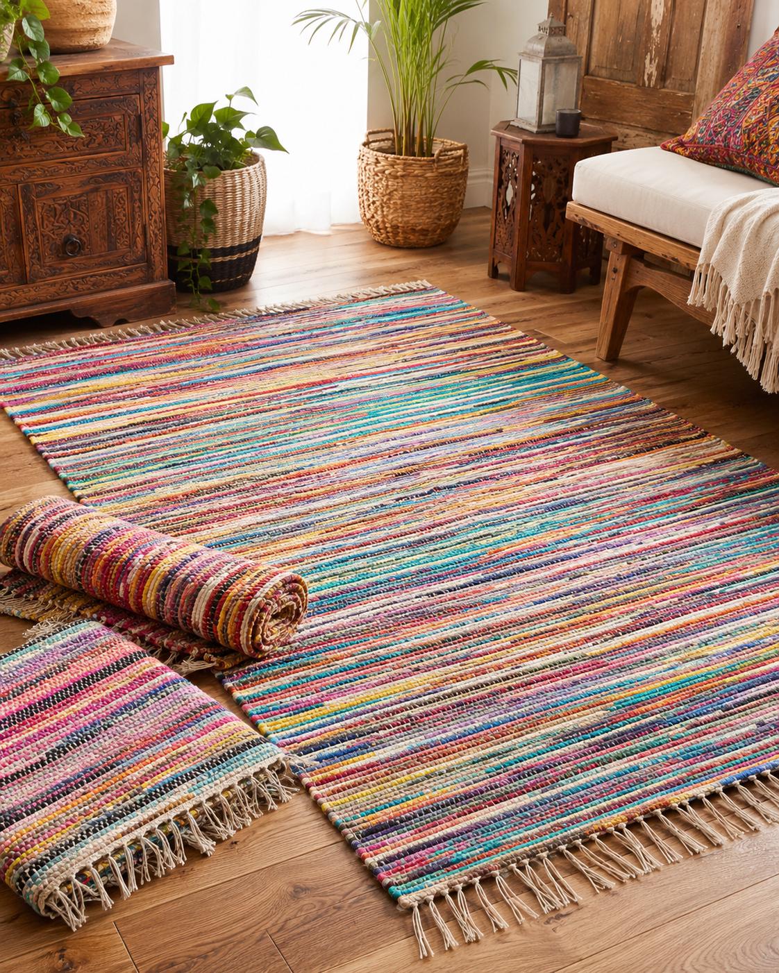 Handmade multicolour recycled cotton rag rug