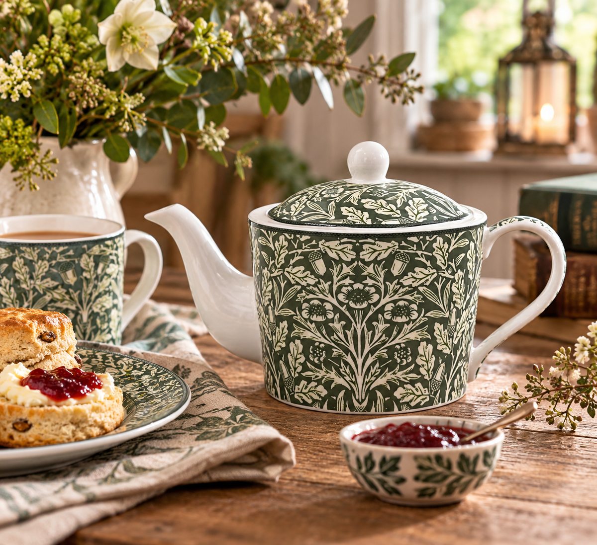 Illustrative lifestyle scene with William Morris Acorn teapot, tea and scones